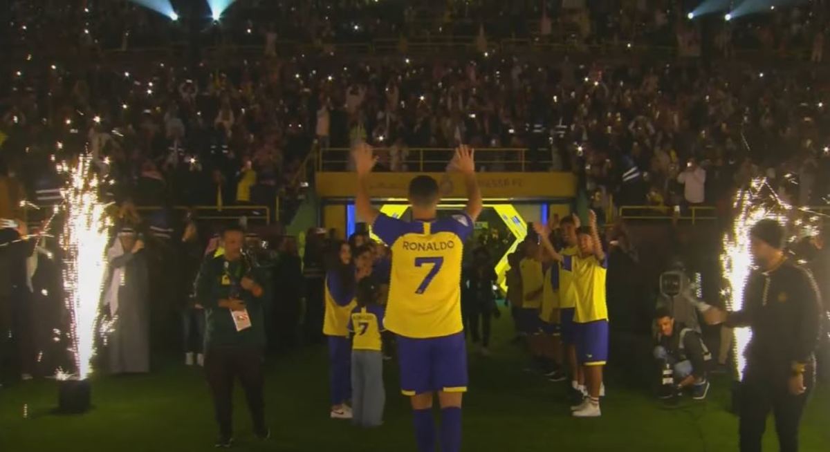 Cristiano Ronaldo pictured waving at Al Nassr fans at Mrsool Park